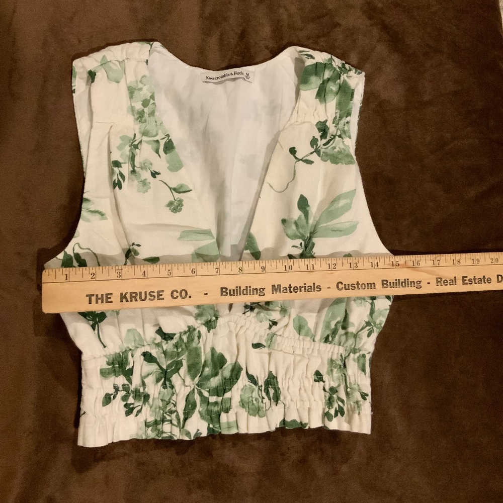 Abercrombie & Fitch White Green M Linen/Cotton Top Cropped Coquette Scandi Girl - Picture 8 of 9